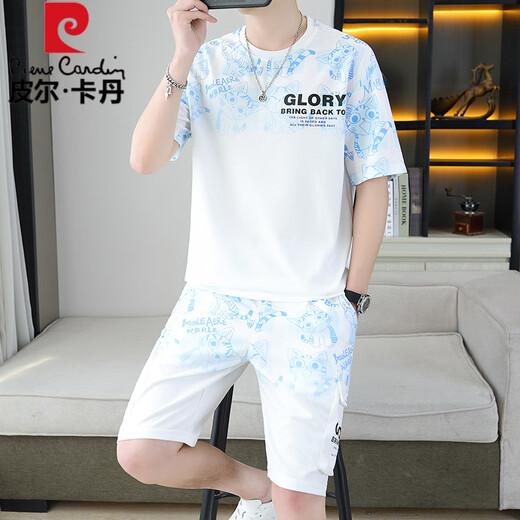 Pierre cardin 2025 summer new short-sleeved suit men's youth versatile shorts casual sports two-piece set gradient color men's clothing 6187 gray XL [suitable for 120-140Jin [Jin equals 0.5 kg]]