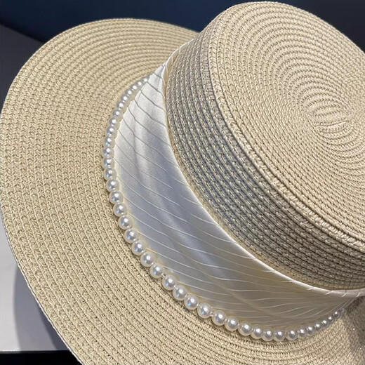 
Jin[Jin equals 0.5 kg] Mufan style flat top straw hat big head circumference summer pearl top hat straw woven beach vacation sun protection sun hat women pearl silk straw hat [bee]