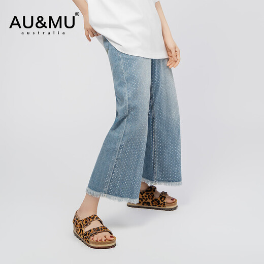 AU&MU2025夏季新款牛仔裤潮流水钻显瘦休闲女裤直筒宽松慵懒风阔腿裤 蓝色 2XL
