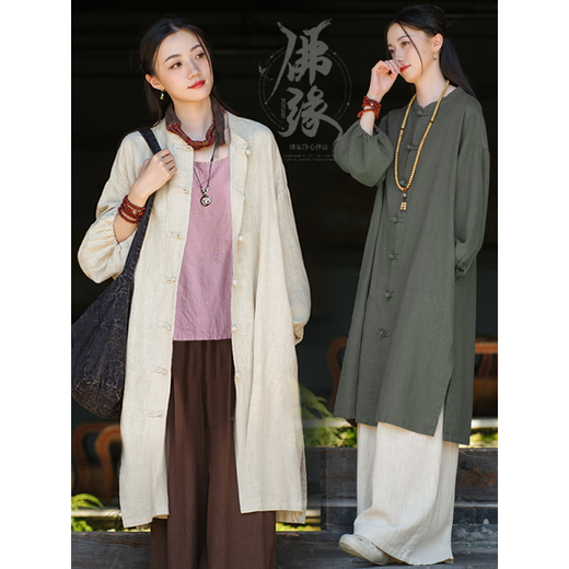 禅服修行女中式国风佛系禅意女装棉麻寺院拜佛素衣长袍居士服女款 【二件套】麻色外套+咖色裤子6189# 均码