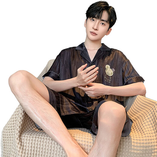 Yalu men's pajamas summer ice silk short-sleeved pants solid color black summer thin boys simulated silk home clothing set 12532 [Yunduo cotton crepe style] XL Recommended height 175 and weight 130-150