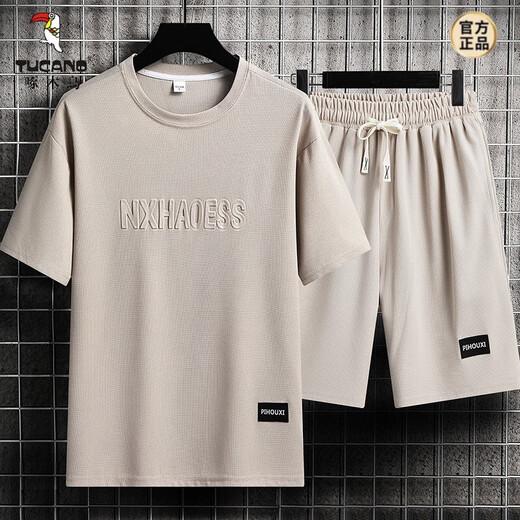 啄木鸟男士夏季套装青少年短袖t恤薄款冰丝两件套休闲运动服五分短裤子 套装-tz829军绿上衣+裤子 M m 建议90-110斤