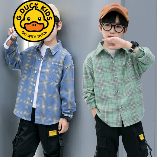 G.duck brand children's clothing boys plaid shirt spring and autumn children's long-sleeved shirt handsome boy autumn clothes for middle and large children blue plus velvet 150