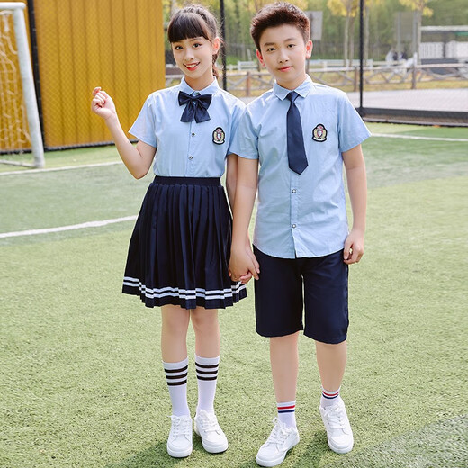 儿童白色衬衫短袖套装中小学生校服合唱服毕业演出服夏季班服英伦 1105圆领-平摆纯蓝衬衫女款 120 CM
