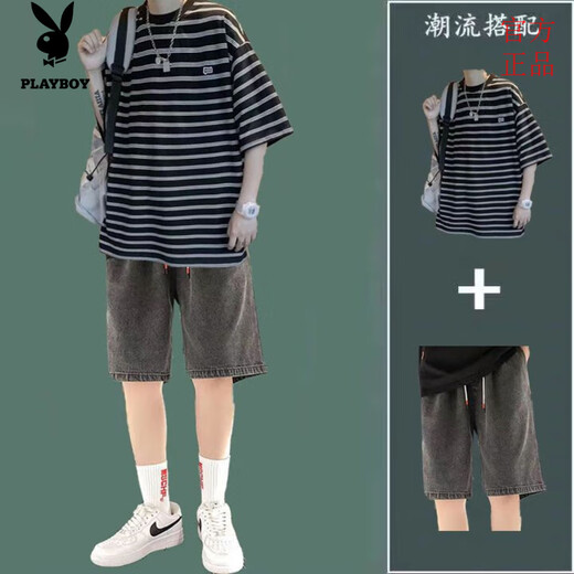 花花公子条纹短袖套装男夏季休闲帅气一套衣服搭配潮流T恤牛仔短裤两件套 9226黑+147牛仔短裤黑灰 XL