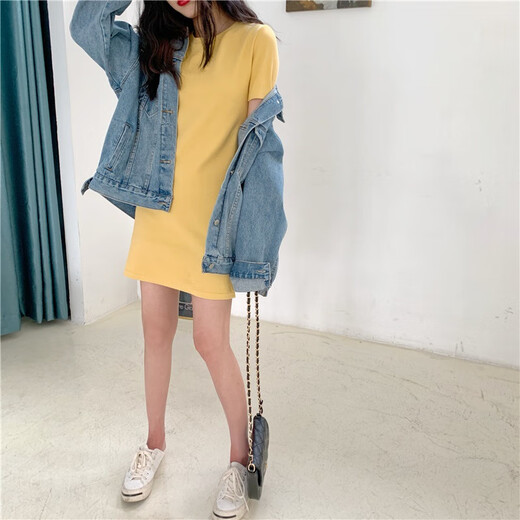 AFTER MONDAY2025 summer Korean style slim solid color short-sleeved T-shirt women's mid-length dress women's clothing 6624* pink M
