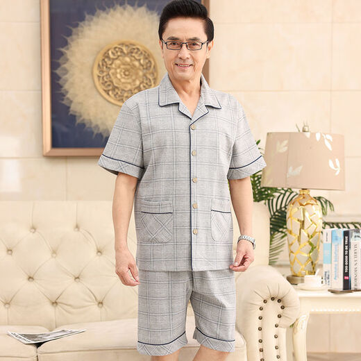 雅鹿中老年爸爸妈妈情侣纯棉睡衣男女夏季短袖七分裤夏天开衫家居服 单女N9871 M 单女[建议80-95斤]