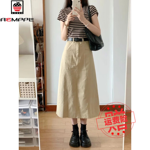 AEMAPE【1070人收藏】复古工装洗水棉半身裙女春夏中长款气质直筒裙遮胯 粉红色 6628# 均码 80-130斤