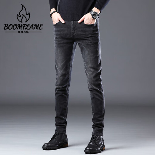 燃爆火焰 BOOMFLAME香港2025夏季薄款黑色牛仔裤男修身小脚韩版高端弹力休闲高端长裤 QQN-1048-黑色 28