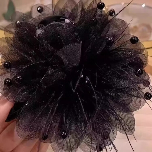 Suyi embroidered peony flower tassel grab clip for women 2024 new style shark clip feather hairpin headdress on the back of the head showing hair volume black 13CM