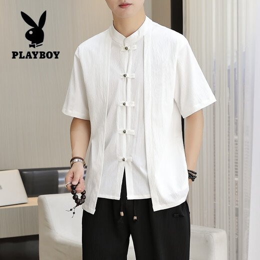 Playboy (Playboy) Traje de camiseta de manga corta de estilo chino para hombres falsos de dos piezas de dos piezas a cuadros a cuadros Lino de algodón de algodón de dos piezas One Set New Chinese Stand-up Collar T 9887 White [superior + pantalones] Manga larga M 110Jin [Jin equivale a 0.5 kg]