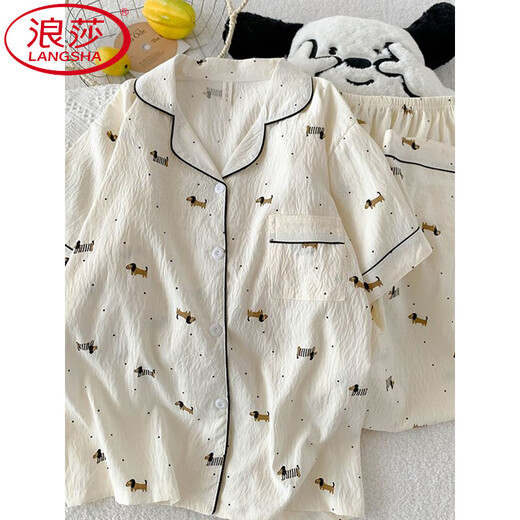 LangSha (LangSha) three-piece suit cute puppy pajamas for women in summer short-sleeved cute cartoon cloud cotton high-end summer home clothes JS-9904# Corgi Three-piece suit M code 155-162 Weight 105 Jin [Jin equals 0.5 kg]