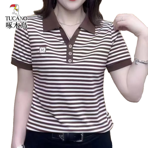 
Woodpecker summer new mother women's striped short-sleeved Polo shirt loose and versatile casual top 9928 brown 4XL 160-175Jin [Jin equals 0.5 kg]