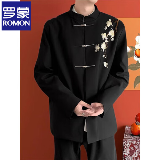 ROMON Haute Couture New Chinese Groom's Suit White Magnolia Flower Embroidered Stand Collar Tunic Suit Jacket Engagement Dress XF66 White Magnolia Black (Single Suit) 2XL