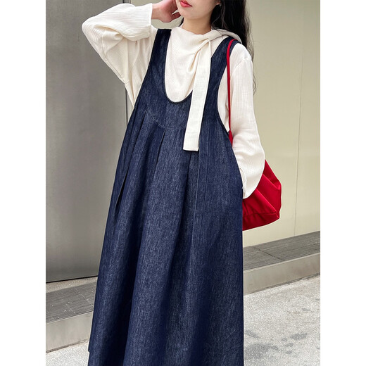 Zhidou Duo Luxi Korean retro U-neck vest denim dress for women 2025 spring new design versatile long skirt 9710 denim M