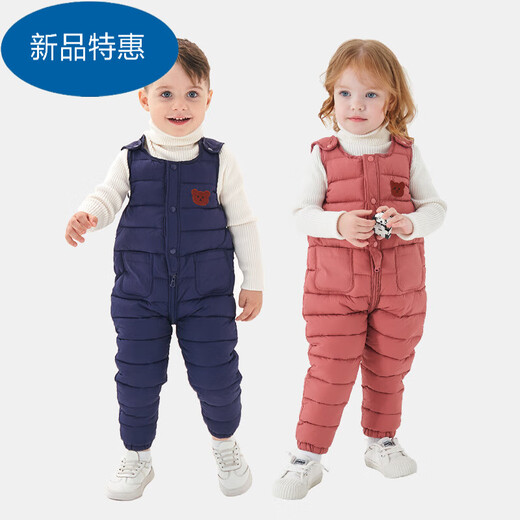 Warm winter baby overalls suit winter outer wear plus velvet for boys and girls baby open jumpsuit down cotton trousers bean paste red (plus velvet) 80 70-80CM