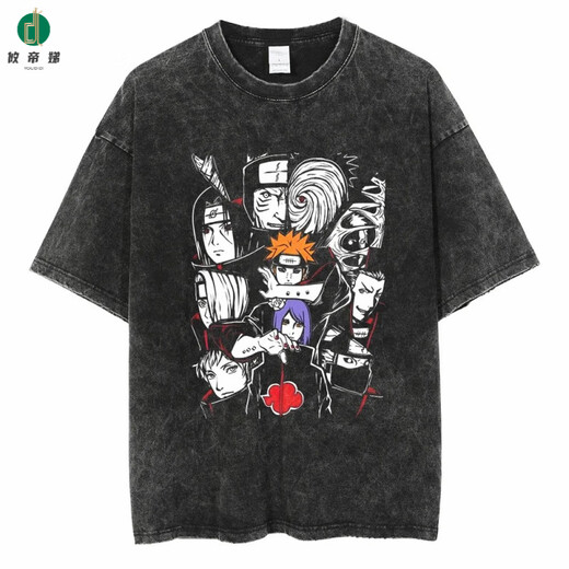 攸帝娣新款街头水洗做旧复古日系火影忍者Naruto动漫棉T恤男夏季短袖 B1396水洗黑 S