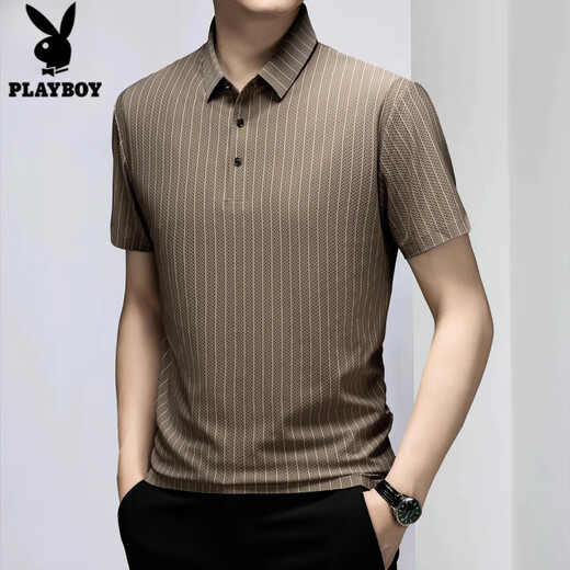 花花公子（PLAYBOY）爸爸夏装Polo衫男士2025年夏季薄款中年冰丝休闲短袖t恤男 11167浅咖色 M 【90-110斤】
