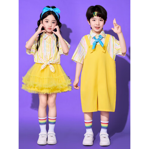 Zhaolu's 80's nostalgic clothes for Children's Children's Children's Day Performance Costumes Primary School Cheerleader Performance Costumes Kindergarten Graduation Yellow Striped Shirt + Yellow Overalls + Headband + Blue 130 cm