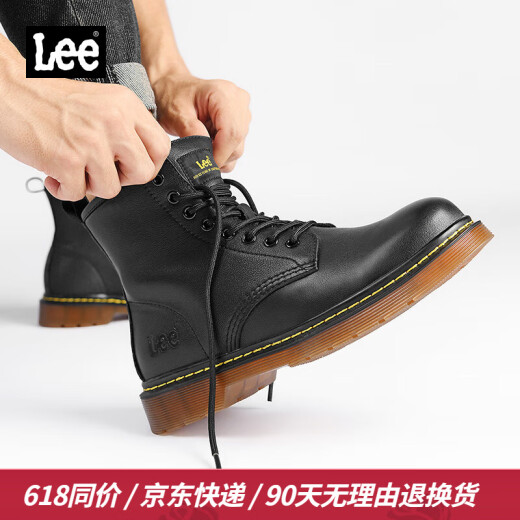 Lee【头层牛皮】马丁靴男高帮真皮靴子英伦风韩版皮靴黑色大码时装靴 黑色四季款 L214UE029 41 【偏大/请拍小一码】