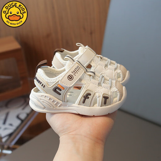 G.duck baby sandals, summer toddler shoes, boys and girls, non-slip soft sole, hollow breathable shoes, baby toe-cap functional shoes, off-white 25, inner length 15.5 cm
