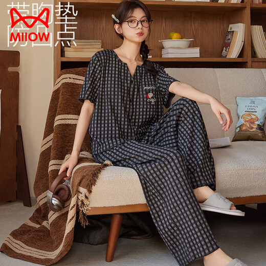 猫人（MiiOW）带胸垫睡衣女夏季薄款冰丝开衫短袖长裤休闲格子风家居服套装 YNE-983-双短 M
