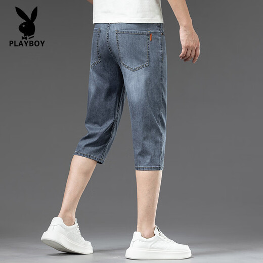 花花公子（PLAYBOY）高端天丝凉感七分牛仔裤男士夏季薄款宽松直筒冰丝短裤潮流休闲 757冰砂蓝+759砂洗蓝 28 腰围二尺一
