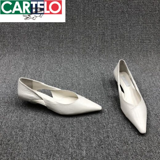 卡帝乐鳄鱼（CARTELO）欧洲站女鞋2025春季新款欧货真皮细跟浅口尖头镂空猫跟休闲单鞋女 白色 36