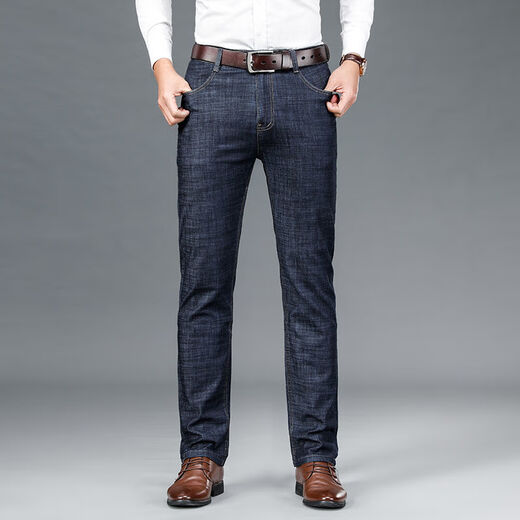 Siete lobos jeans de seda de hielo de verano para hombres delgados de la pierna recta, la cintura alta de la cintura alta para hombres, los pantalones largos elásticos de papá, los hombres 9855, la seda del hielo azul medio delgado 28 (dos pies uno)