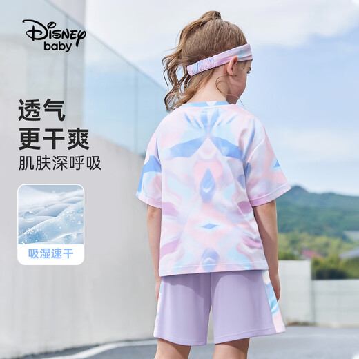 Disney baby迪士尼女童速干套装儿童短袖短裤两件套中大童装运动服夏 紫色130