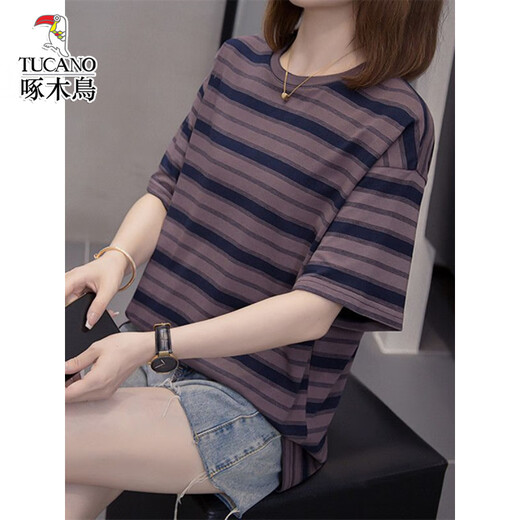 
Woodpecker fat mm belly-covering versatile pure cotton short-sleeved T-shirt for women 2025 summer new style 200Jin [Jin equals 0.5 kg] loose slim casual top 6623 gray M 80-95Jin [Jin equals 0.5 kg]