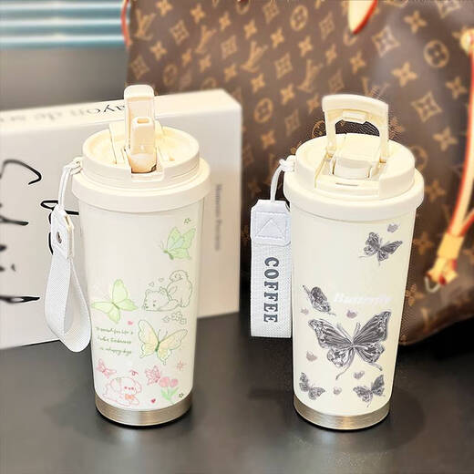咏幻保温杯新款高颜值便携吸管车载咖啡杯大容量水杯子女学生 古董白-BXB6198蝴蝶 不锈钢