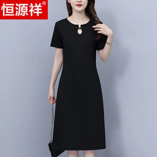恒源祥纯棉中国风休闲连衣裙女2024夏季新款宽松显瘦气质过膝T恤裙 黑色(线条蝴蝶结) S 85斤-95斤