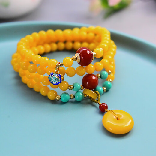 COASZE beeswax multi-circle bracelets, chicken fat yellow amber 108 rosary beads bracelet, safety buckle temperament retro women's bracelet, chicken fat yellow beeswax multi-circle bracelets