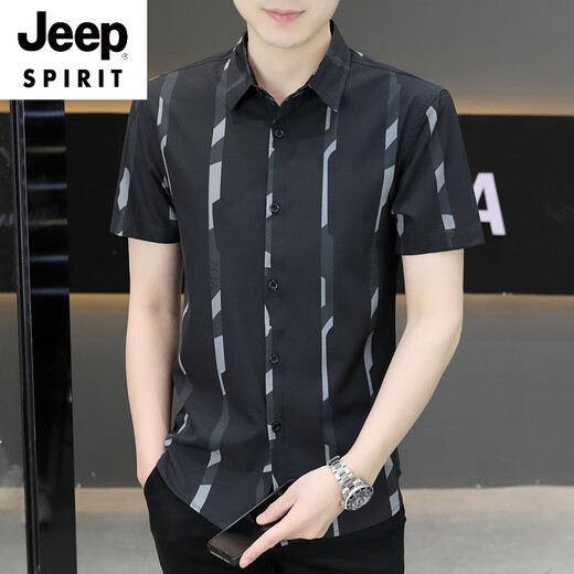 JEEP SPIRIT新款2025夏季男士短袖衬衫潮流痞帅气感冰丝薄款凉爽衬衣 7027黑色 M 90-110斤