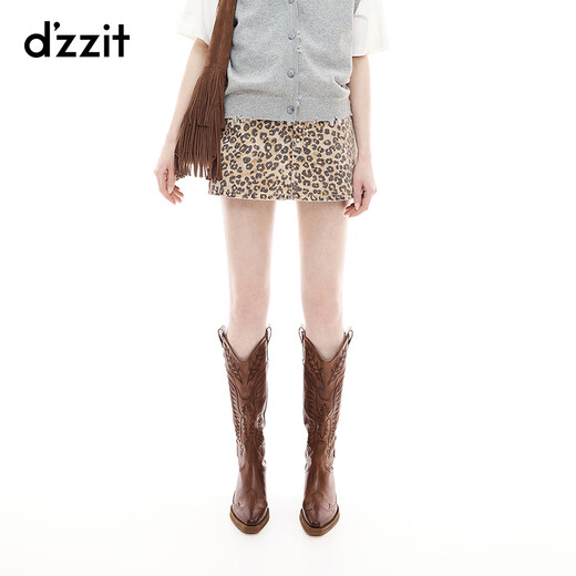 DZZIT plain denim culottes 2025 autumn new retro street leopard print A-line shorts for women 3J3R1086N dark khaki S