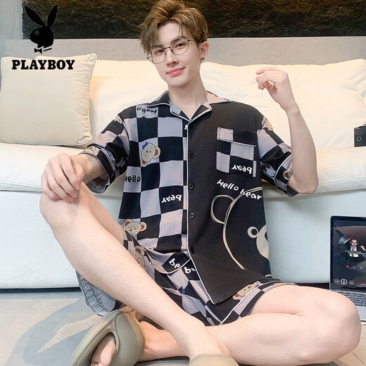 花花公子（PLAYBOY）纯棉男夏季薄款学生卡通大码宽松短袖外穿男士家居服休闲套装 3271短袖套装 M (70-100斤)