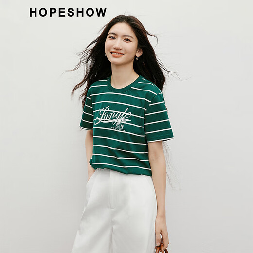
Red sleeve chic striped T-shirt 2025 summer and autumn new women's contrasting letter printing short-sleeved round neck casual versatile top white background black strip 702 M