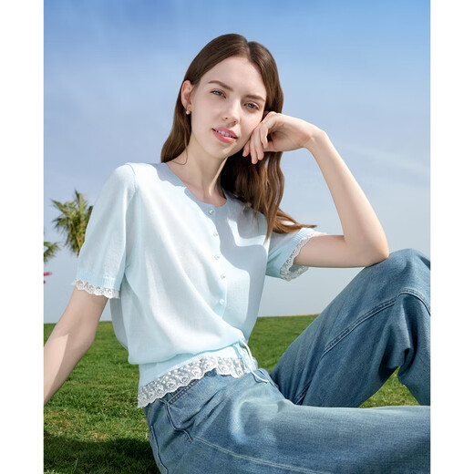 百图betu女装2025夏季新款毛针织衫莱赛尔凉感蕾丝花边上衣女2505X23 粉红 M