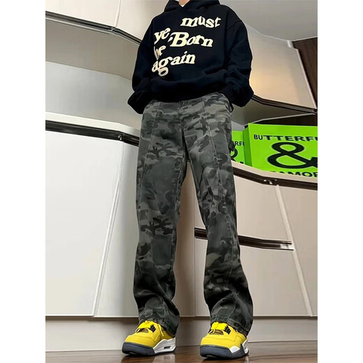 Shelley Jones military green scimitar camouflage jeans men's autumn slim-fit logging overalls American high street straight bootcut pants camouflage color XL recommended 120-140Jin Jin equals 0.5 kg