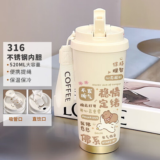 胖东来方舰店旗吸管保温杯果盈卡通情侣保温杯男女大容量运动水 不锈钢内胆-FA1276山+挂绳 520ml