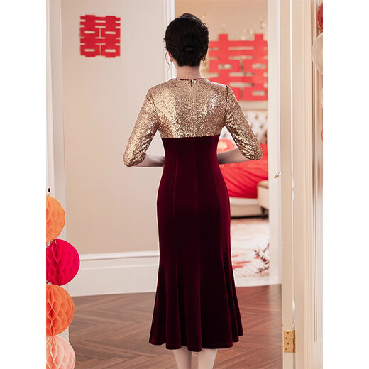 Pierre Cardin Noble Mother-in-Law Wedding Dress Women's Autumn Small Middle-aged Mother's M Dress Waist Slimming Fishtail Burgundy M Recommended 75-95 Jin Jin equals 0.5 kg