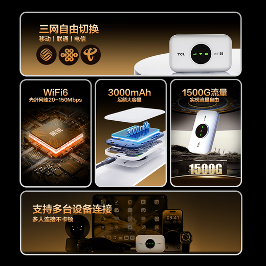 TCL随身wifi三网通用免插卡无线wi-fi6车载4G路由器便携式无限制移动联通电信全国通用2025款5GXY15B 【升级充电款】3000毫安大电池超长续航24小时 不限速不虚标月享1500G
