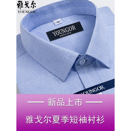 雅戈尔短袖衬衫男夏季薄款纯棉中年商务免烫宽松格子正装衬衣 短袖DX6630 38 建议【70-95斤】