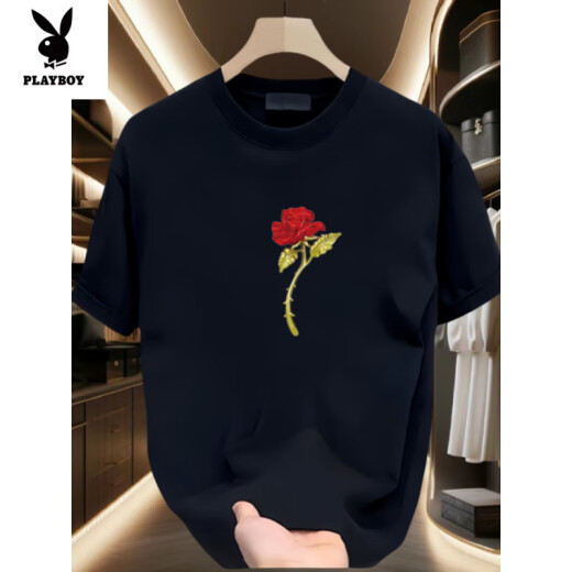 花花公子（PLAYBOY）情侣短袖T恤潮牌印花纯棉宽松百搭夏装 黑色【前大图K1049 单朵红玫瑰花 S 建议90-100斤