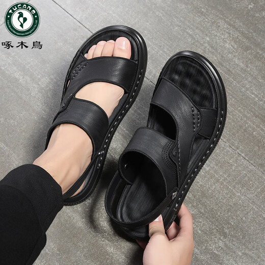 啄木鸟男士凉鞋男夏季2025新款真皮拖鞋休闲男鞋外穿开车沙滩皮凉拖两穿 9715 灰色 升级款 37