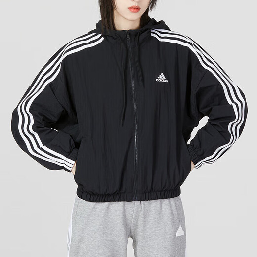 阿迪达斯（adidas）外套女 2025夏季新款运动休闲服时尚防风衣连帽开衫透气夹克上衣 梭织连帽/三条纹/黑色/偏小一码 S (160/84A)
