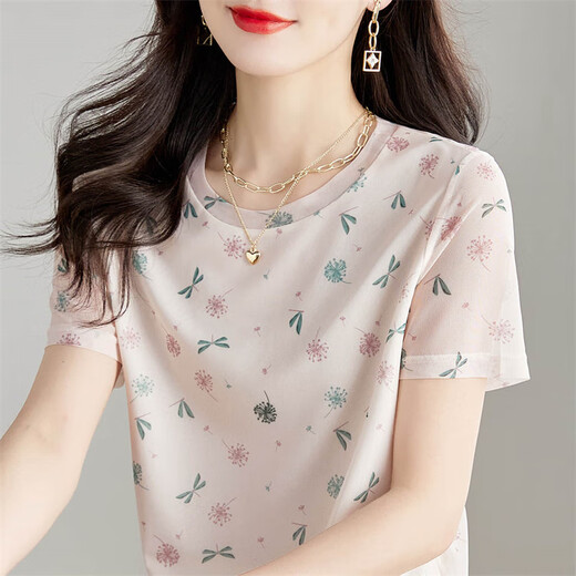 Shangjing T-shirt à manches courtes pour les femmes en été des vêtements pour femmes de nouveau style, style mature léger, t-shirt imprimé de cou de cou rond romantique pour femmes