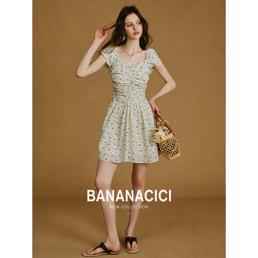Banana cici 2025 Sommer Neue französische Taillenschleife kurzer Rock kleiner frisch plissierter Blumen-A-Line-Kleid C252ly683 Hellblau M.
