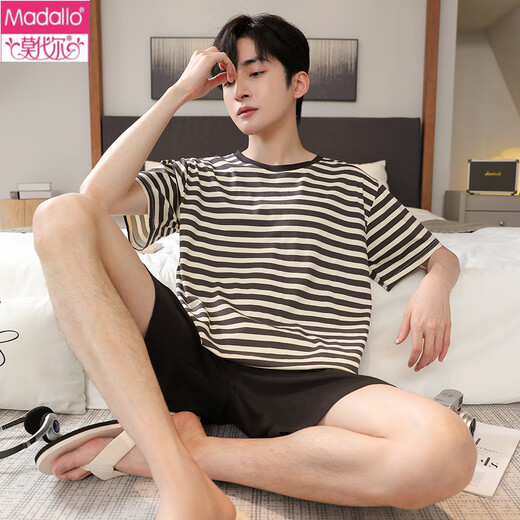 
Modal men's pajamas summer short-sleeved summer style modal thin style teenagers can wear summer men's home clothing suit 6198 blue modal set L 100-120Jin [Jin equals 0.5 kg]